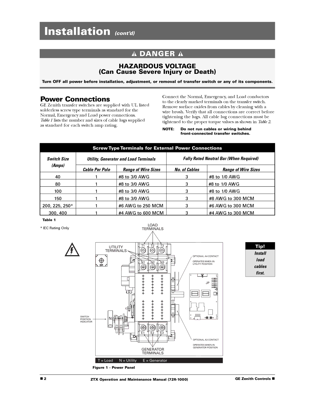 GE ZTX manual Installation cont’d, Power Connections 