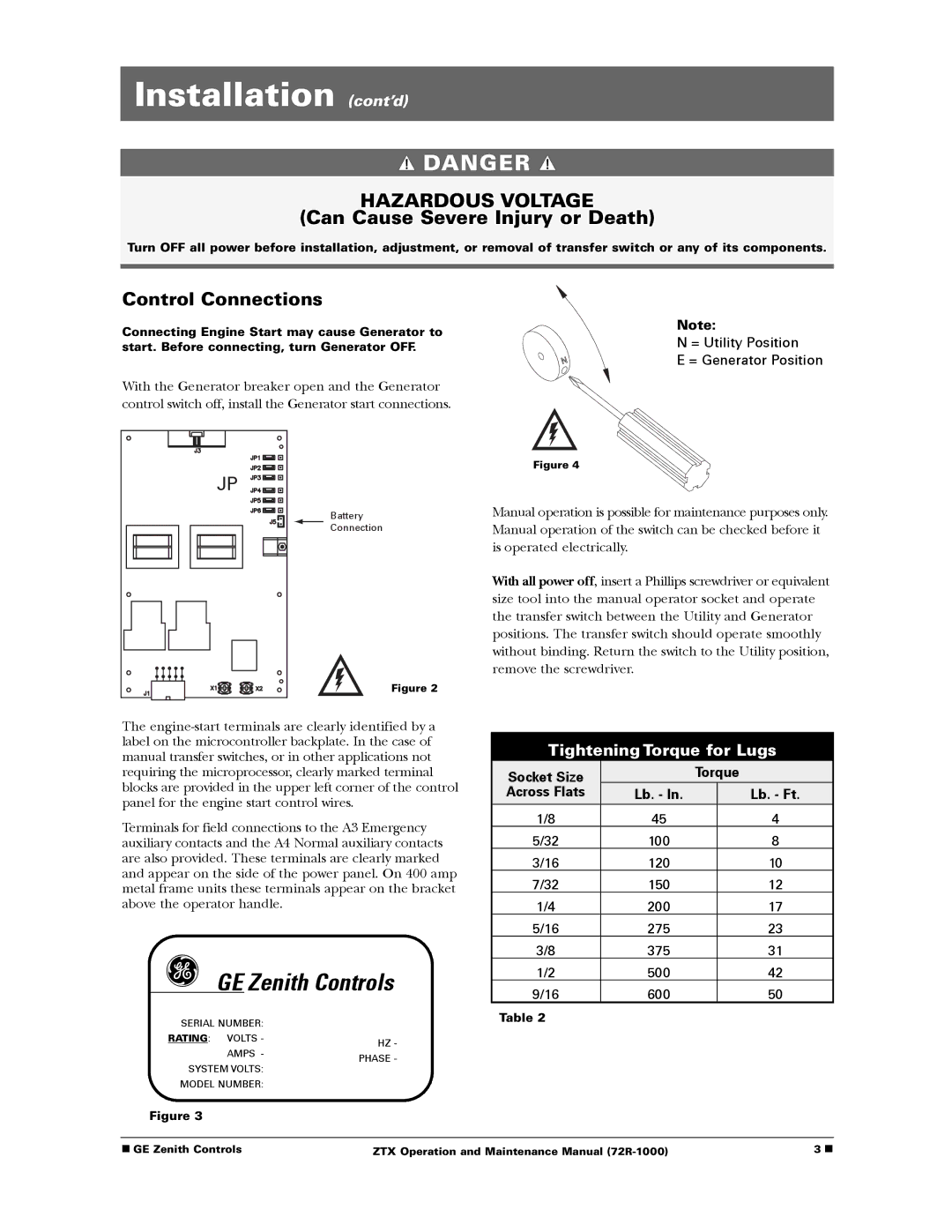 GE ZTX manual GE Zenith Controls, Control Connections 