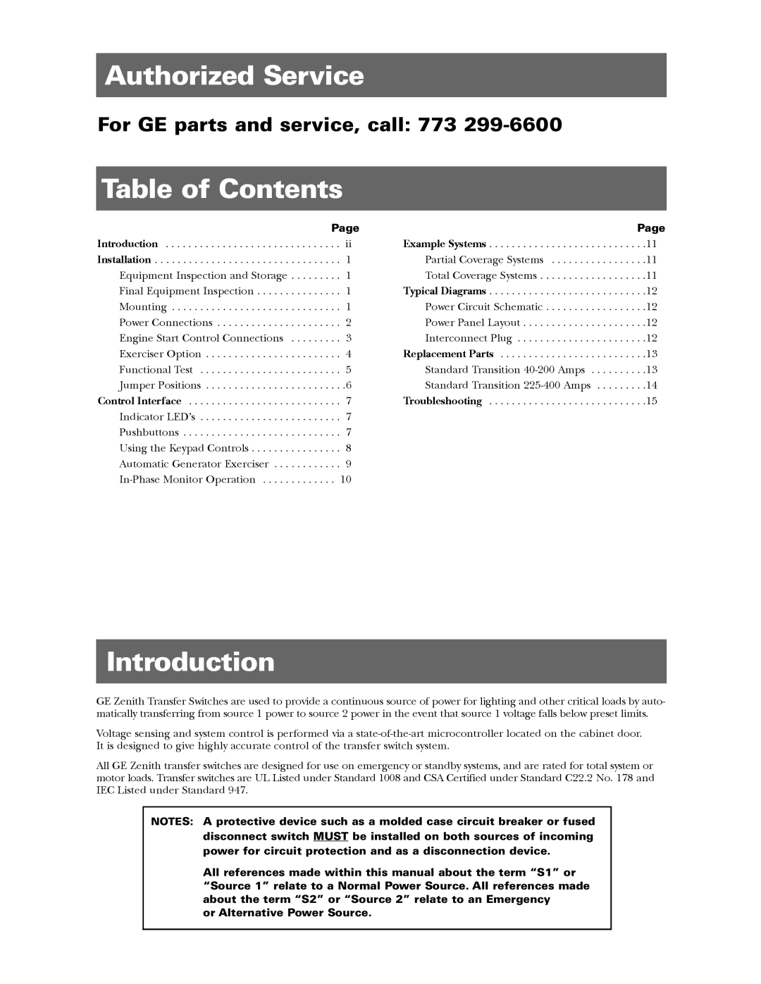 GE ZTX manual Authorized Service, Table of Contents, Introduction, For GE parts and service, call, Page 