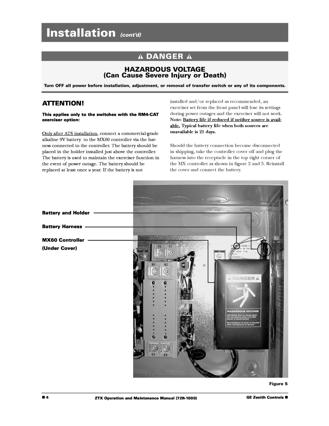 GE ZTX manual Installation cont’d, Danger, Hazardous Voltage, Can Cause Severe Injury or Death, MX60 Controller Under Cover 
