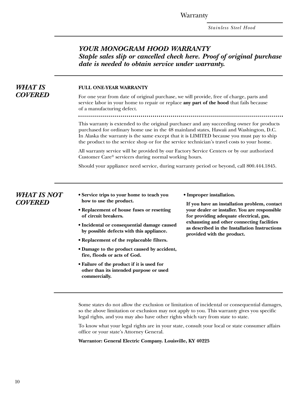 GE ZV1050, ZV950 owner manual What is Covered 