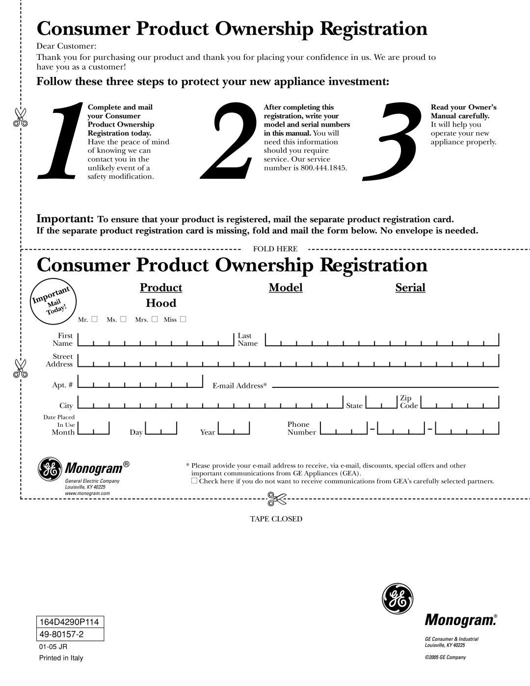 GE ZV1050, ZV950 owner manual Consumer Product Ownership Registration 