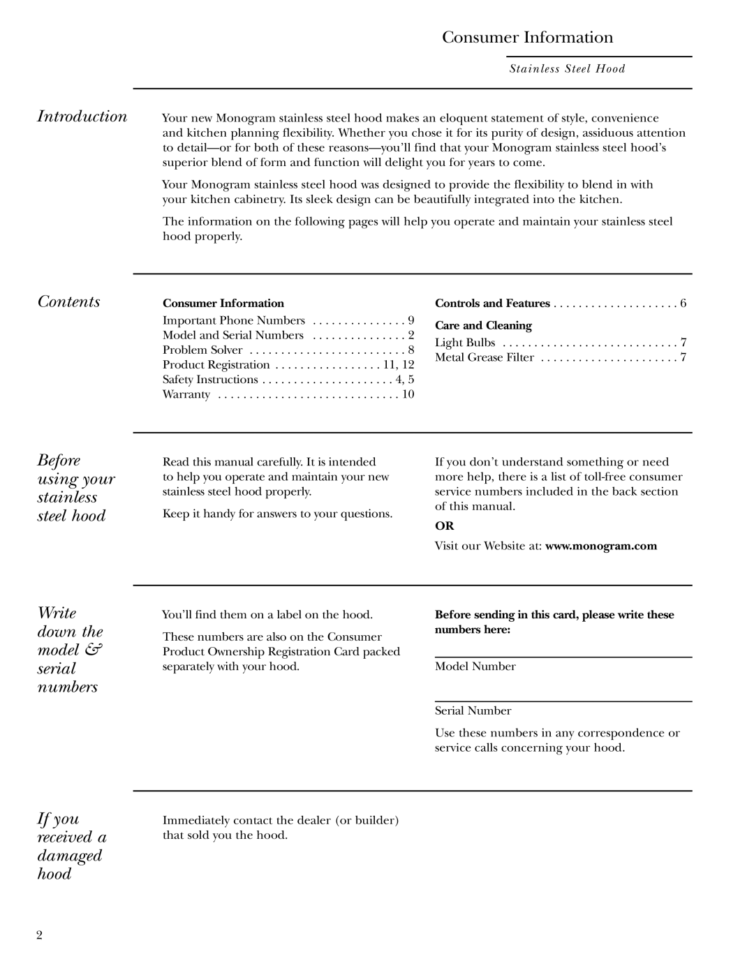 GE ZV1050, ZV950 Introduction, Contents, Before using your stainless steel hood, Write down the model & serial numbers 