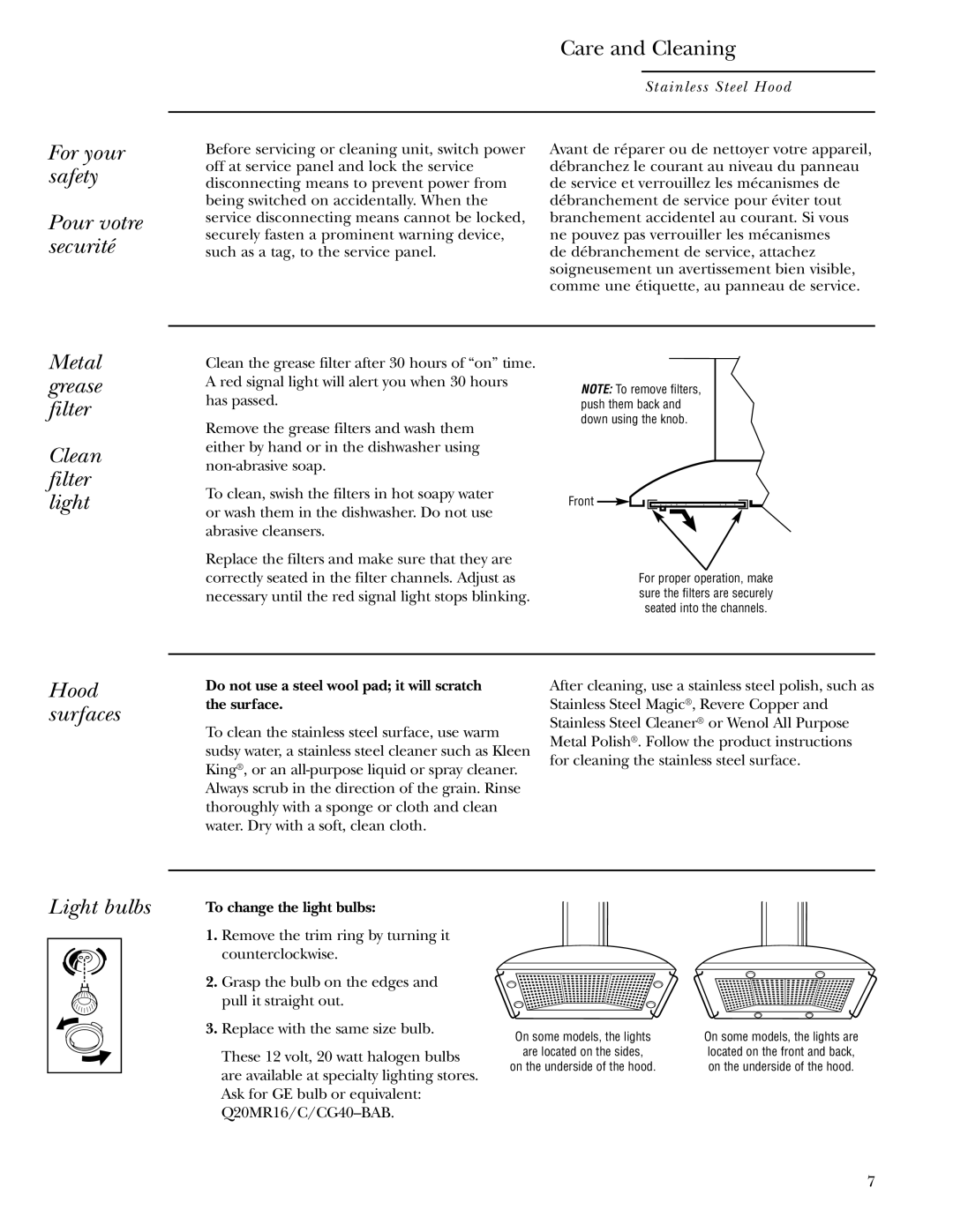 GE ZV950, ZV1050 For your safety Pour votre securité, Metal grease filter Clean filter light, Hood surfaces, Light bulbs 