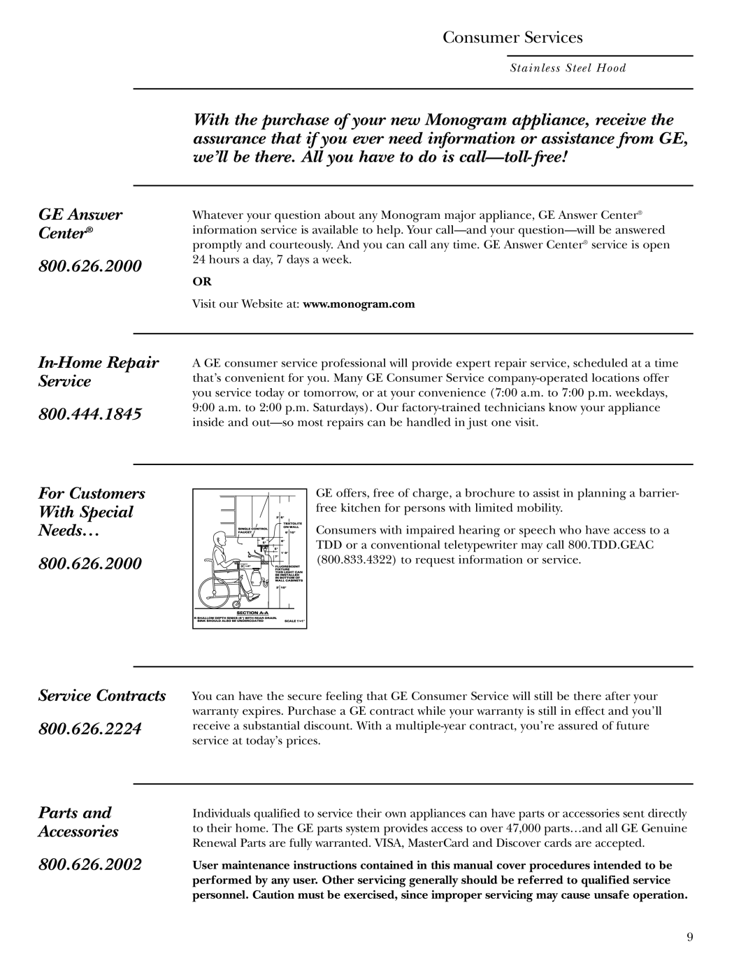 GE ZV950, ZV1050 owner manual In-Home Repair Service 800.444.1845 