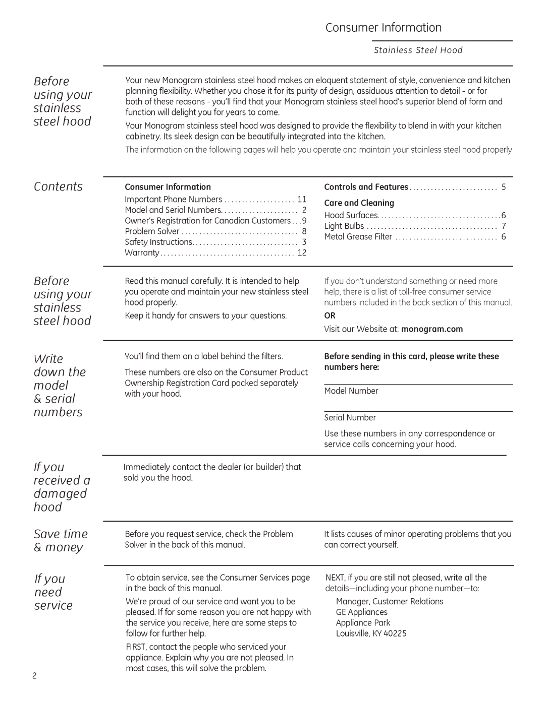 GE ZV1050, ZV950 owner manual Before using your stainless steel hood, Contents, Write down the model Serial numbers 
