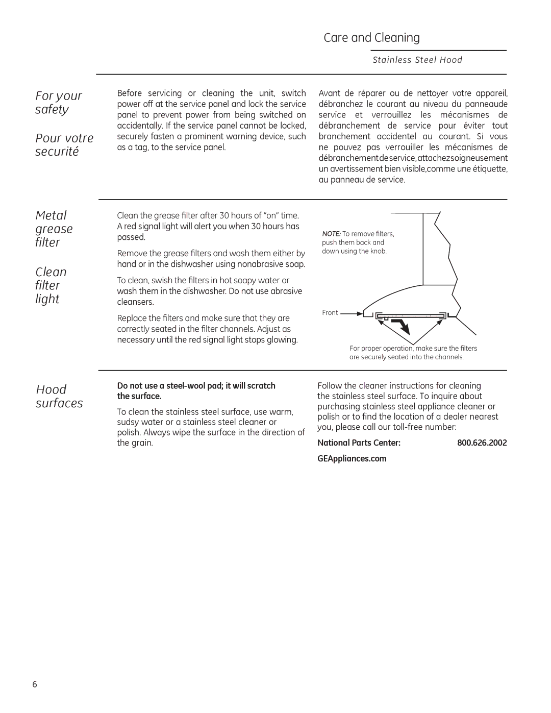 GE ZV1050 Care and Cleaning, For your safety Pour votre securité, Metal grease filter Clean filter light, Hood surfaces 