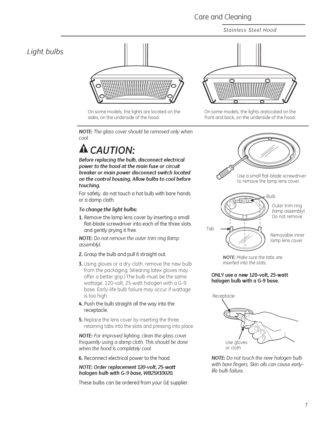 GE ZV950, ZV1050 owner manual Light bulbs, To change the light bulbs 