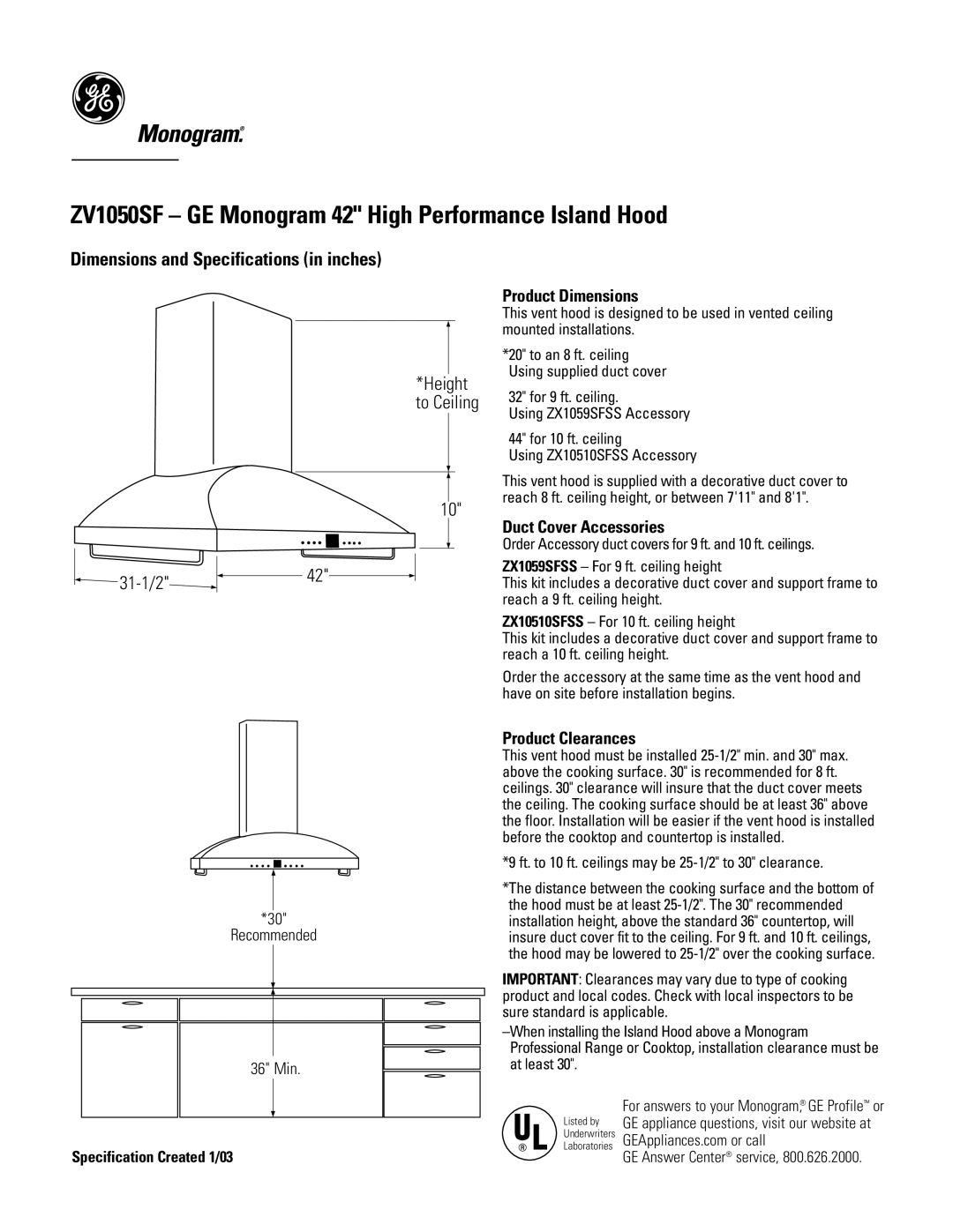 GE dimensions ZV1050SF GE Monogram 42 High Performance Island Hood, Dimensions and Specifications in inches 