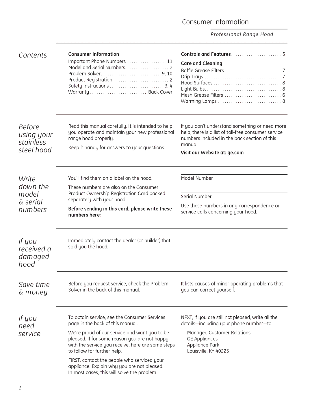 GE ZV48, ZV36 Contents Consumer Information, Before using your stainless steel hood, Write down the model Serial numbers 