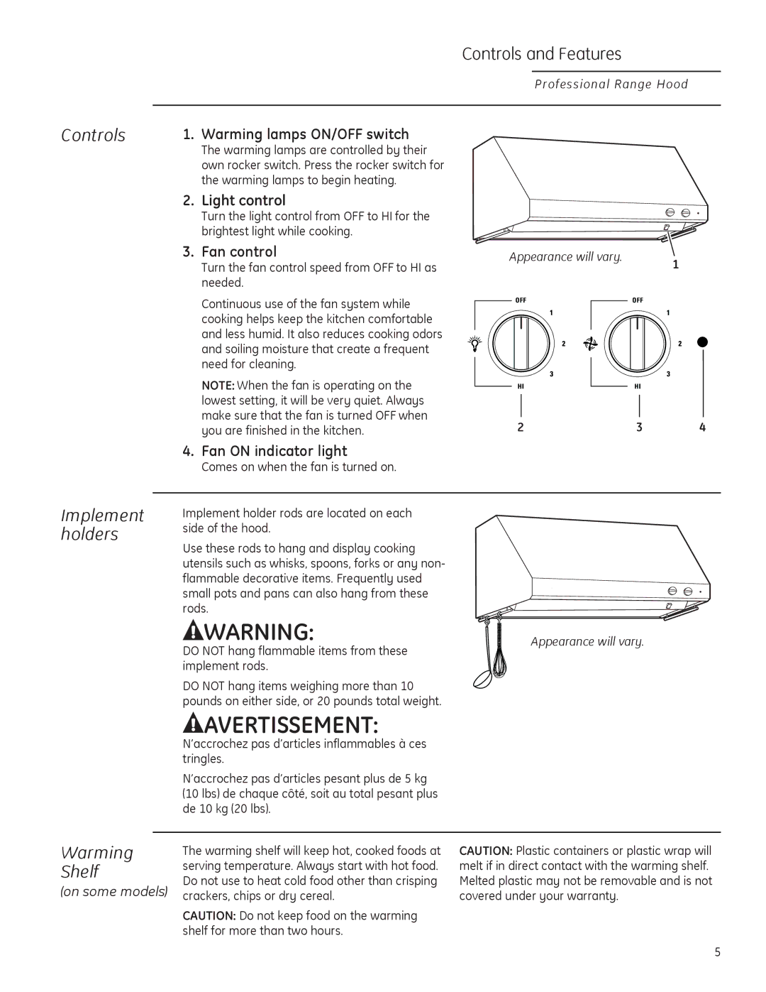 GE ZV48, ZV36, ZV30 owner manual Controls, Implement holders, Warming, Shelf 