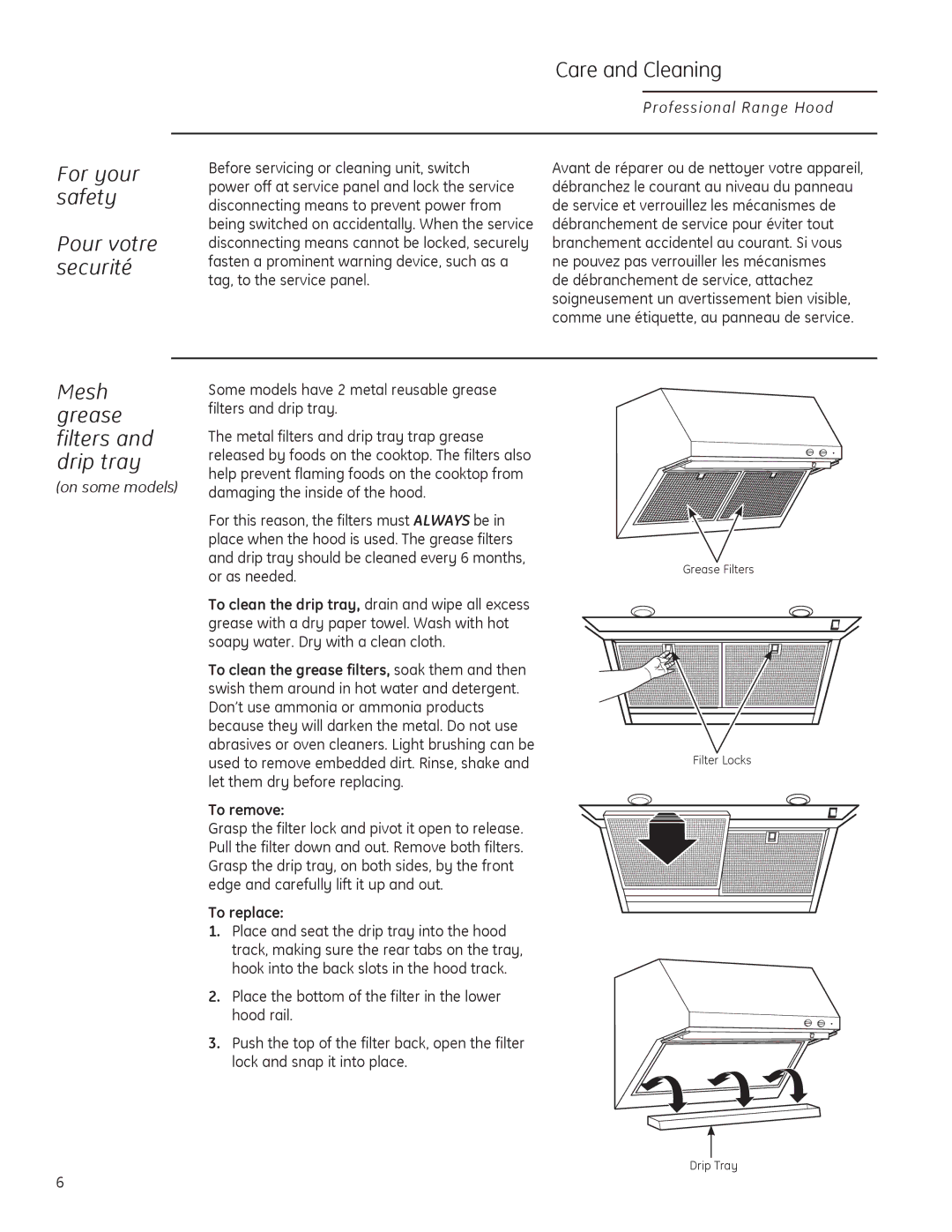 GE ZV36, ZV30, ZV48 For your safety Pour votre securité, Mesh grease filters and drip tray, 7RUHPRYH, 7RUHSODFH 