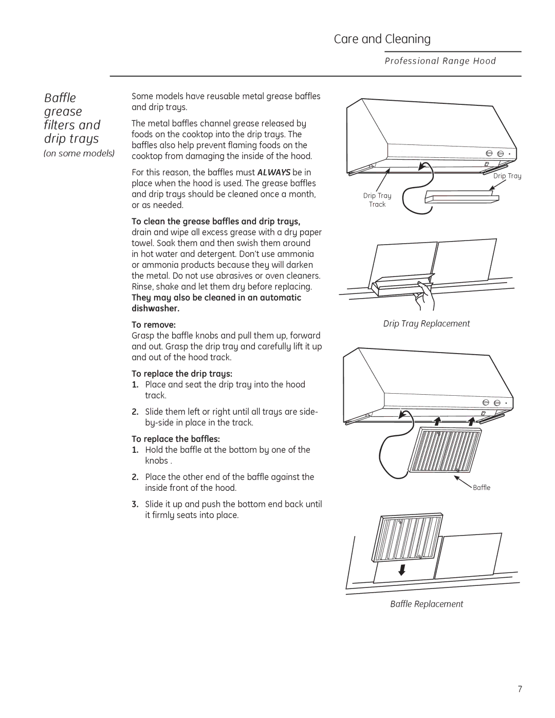 GE ZV30, ZV36, ZV48 owner manual Baffle grease filters and drip trays, 7RUHSODFHWKHGULSWUD\V, 7RUHSODFHWKHEDIIOHV 