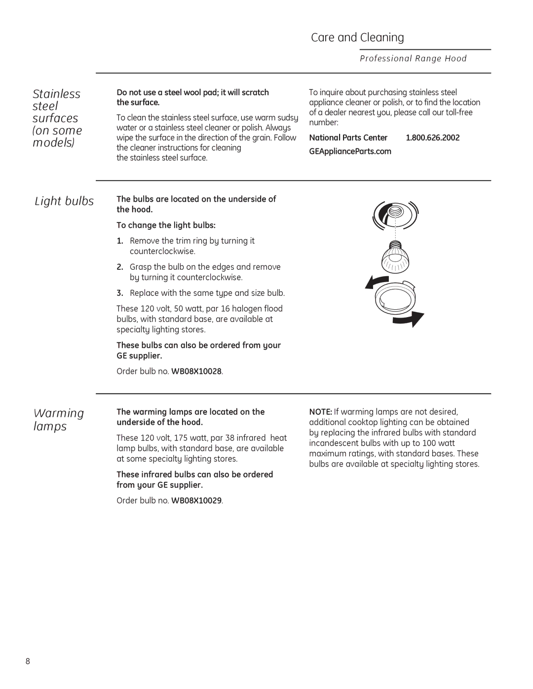 GE ZV48, ZV36 Light bulbs, Warming lamps, 7RFKDQJHWKHOLJKWEXOEV, Order bulb no. %, Order bulb no. % 