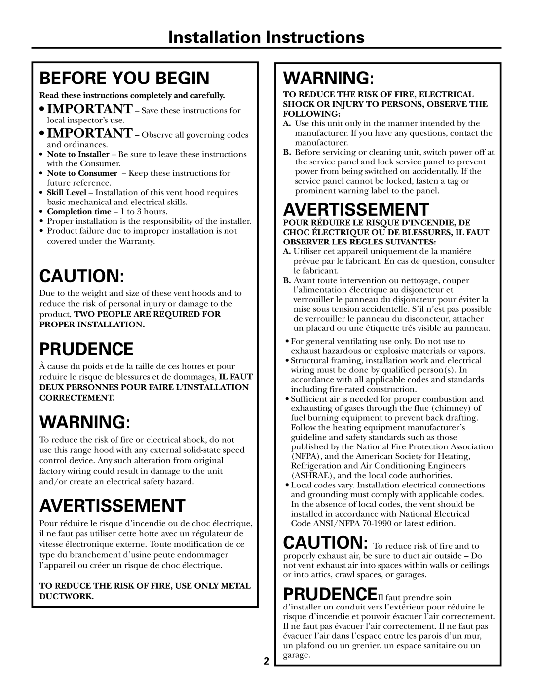 GE ZV48R, ZV36R, ZV30R Read these instructions completely and carefully, Completion time 1 to 3 hours 