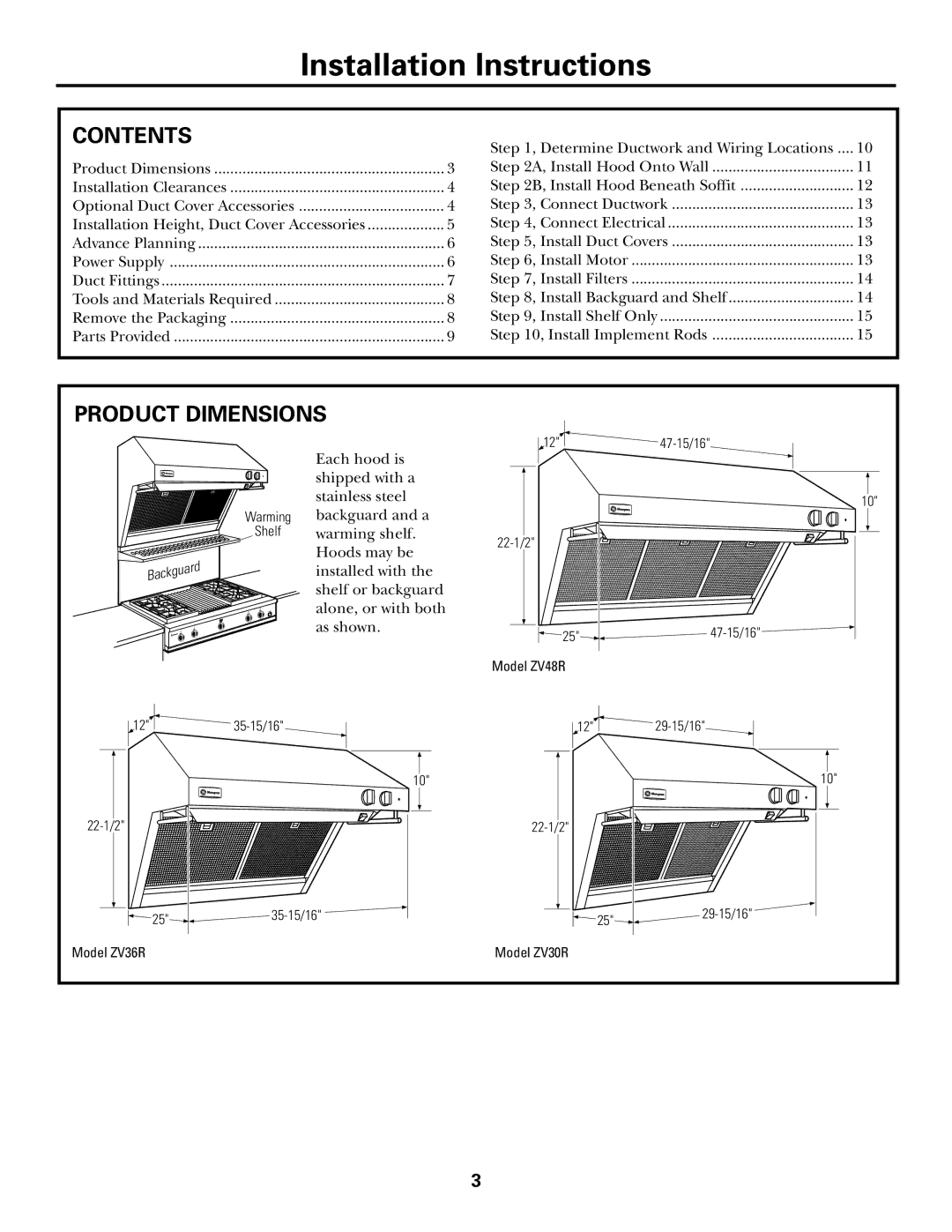 GE ZV36R, ZV30R, ZV48R installation instructions Contents, Product Dimensions 