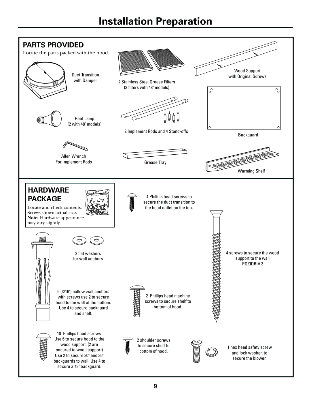 GE ZV36R, ZV30R, ZV48R installation instructions Parts Provided, Hardware Package 