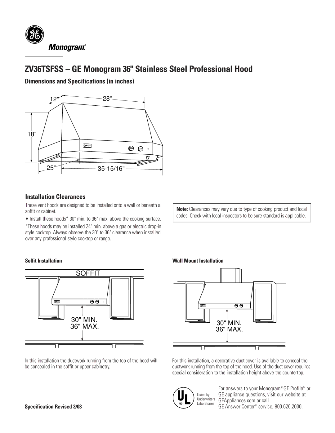 GE ZV36TSFSS dimensions Dimensions and Specifications in inches, Installation Clearances 