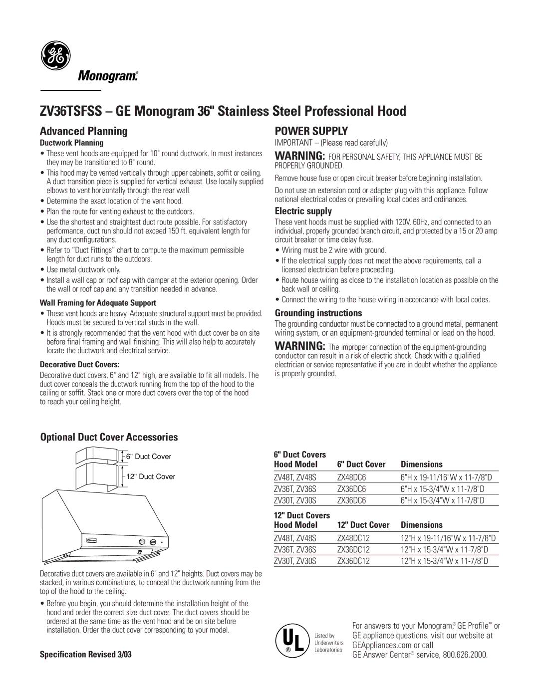 GE ZV36TSFSS dimensions Advanced Planning, Optional Duct Cover Accessories 