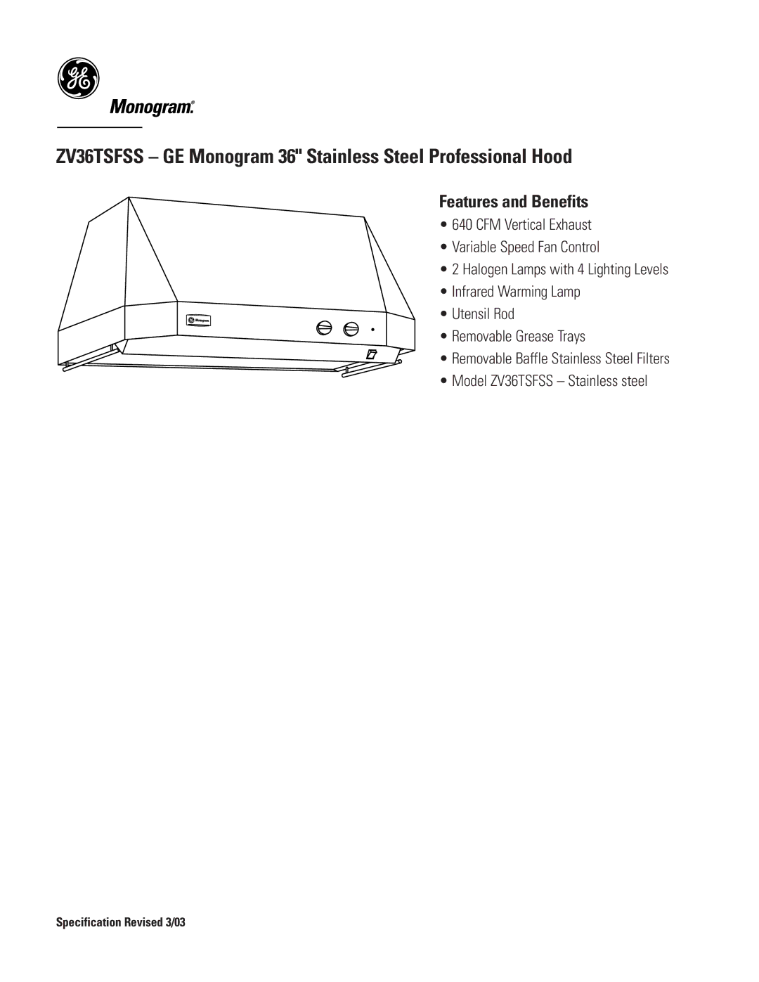 GE ZV36TSFSS dimensions Features and Benefits 