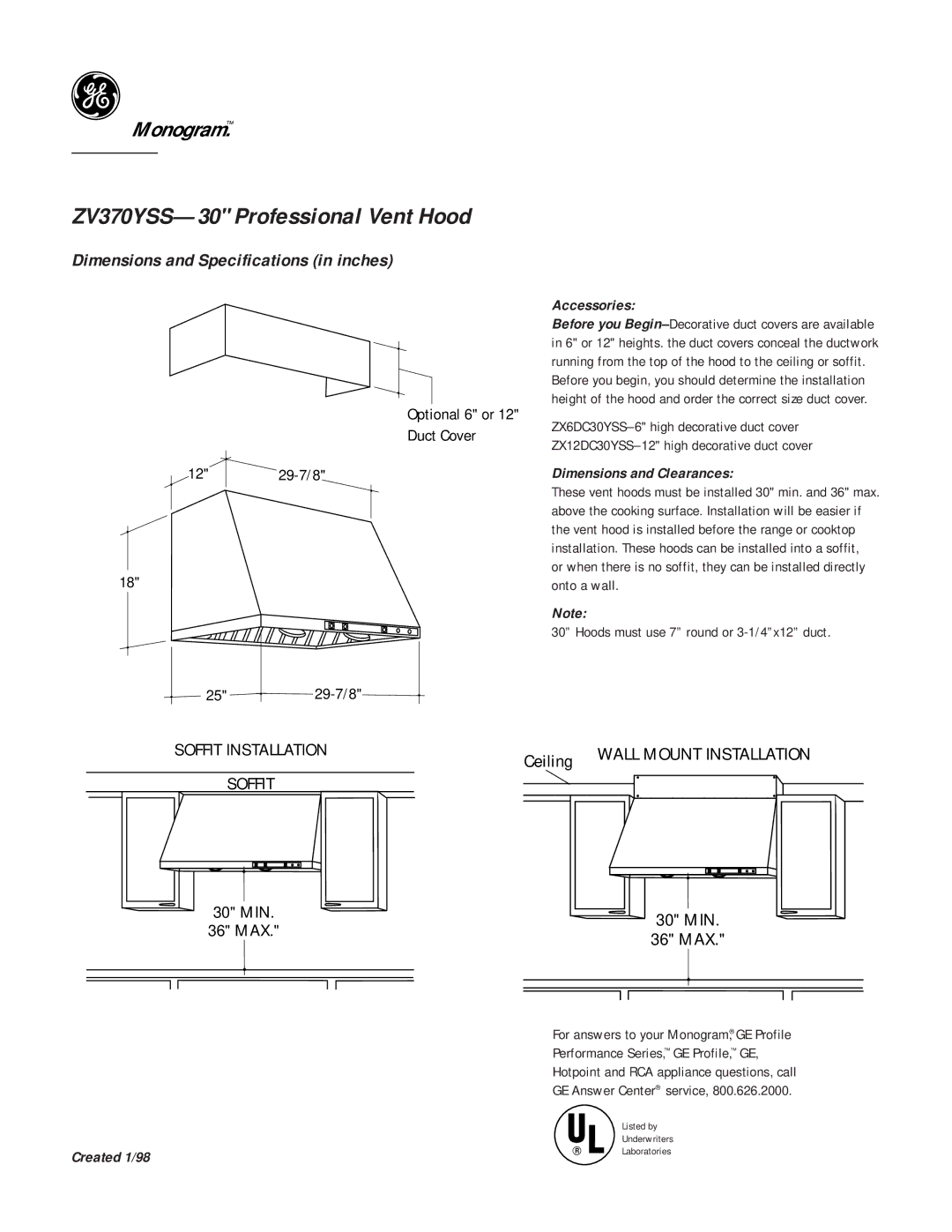 GE ZV370YSS--30 dimensions Ceiling, Optional 6 or Duct Cover 12 29-7/8 2529-7/8, 30 MIN, 36 MAX 