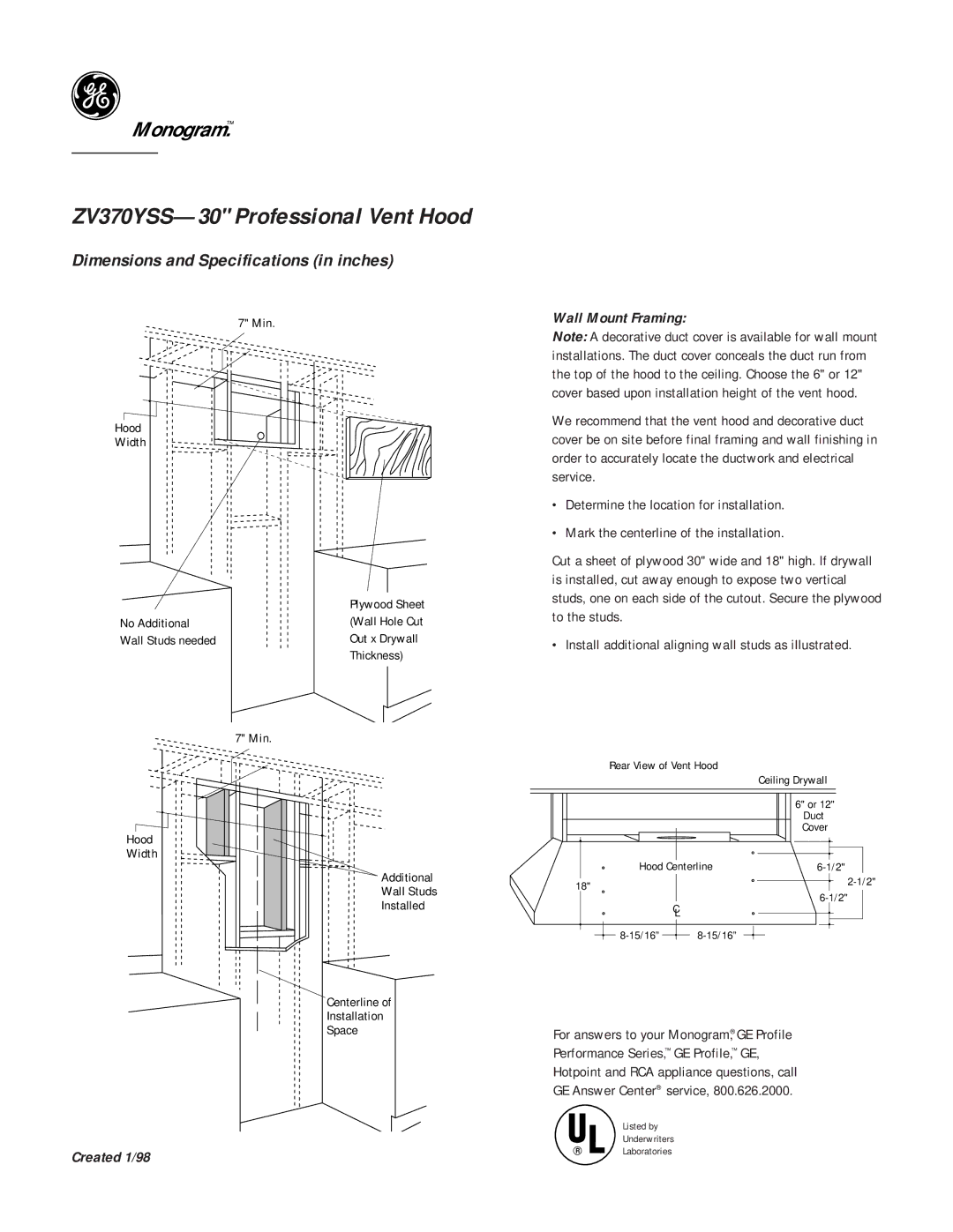 GE ZV370YSS--30 dimensions Wall Mount Framing 