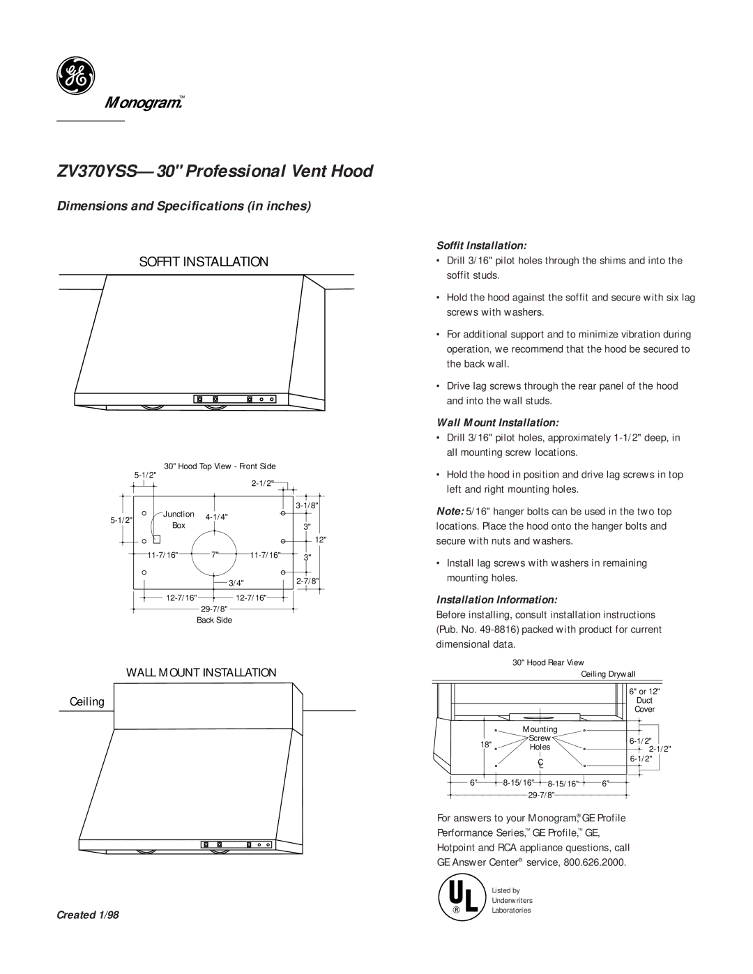 GE ZV370YSS--30 dimensions Ceiling, Created 1/98 Soffit Installation, Wall Mount Installation, Installation Information 