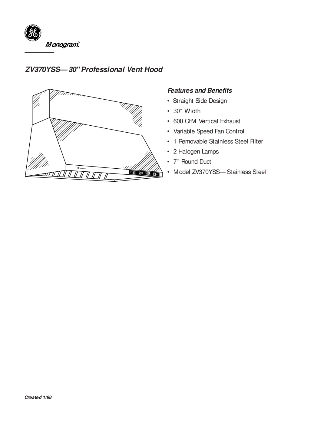 GE ZV370YSS--30 dimensions Features and Benefits 