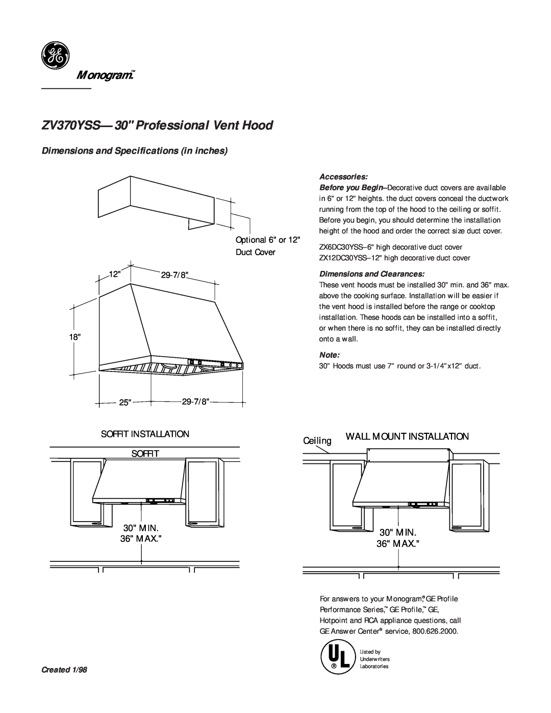 GE ZV370YSS--30 dimensions ZV370YSS-30 Professional Vent Hood, Monogram, Ceiling, Dimensions and Specifications in inches 
