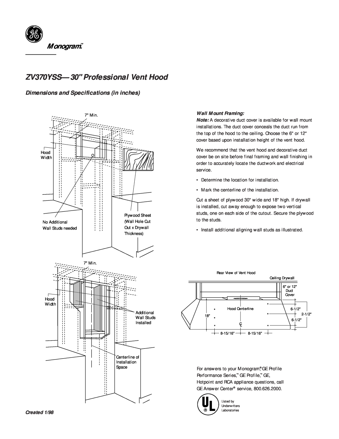 GE ZV370YSS--30 Wall Mount Framing, ZV370YSS-30 Professional Vent Hood, Monogram, Dimensions and Specifications in inches 