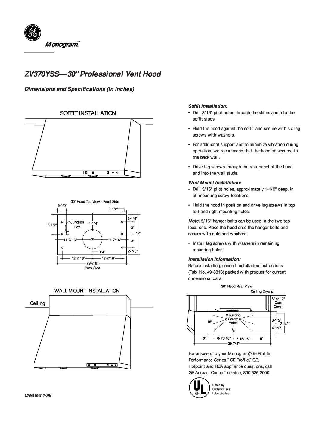 GE ZV370YSS--30 Soffit Installation, WALL MOUNT INSTALLATION Ceiling, Wall Mount Installation, Installation Information 