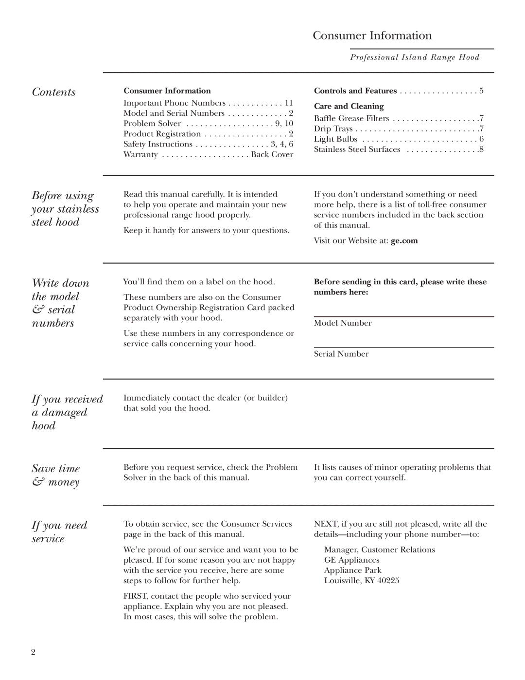 GE ZV54, ZV42 Contents Consumer Information, Before using your stainless steel hood, Write down the model Serial numbers 