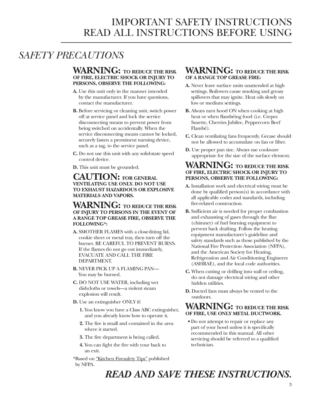 GE ZV42, ZV54 owner manual Read and Save These Instructions 