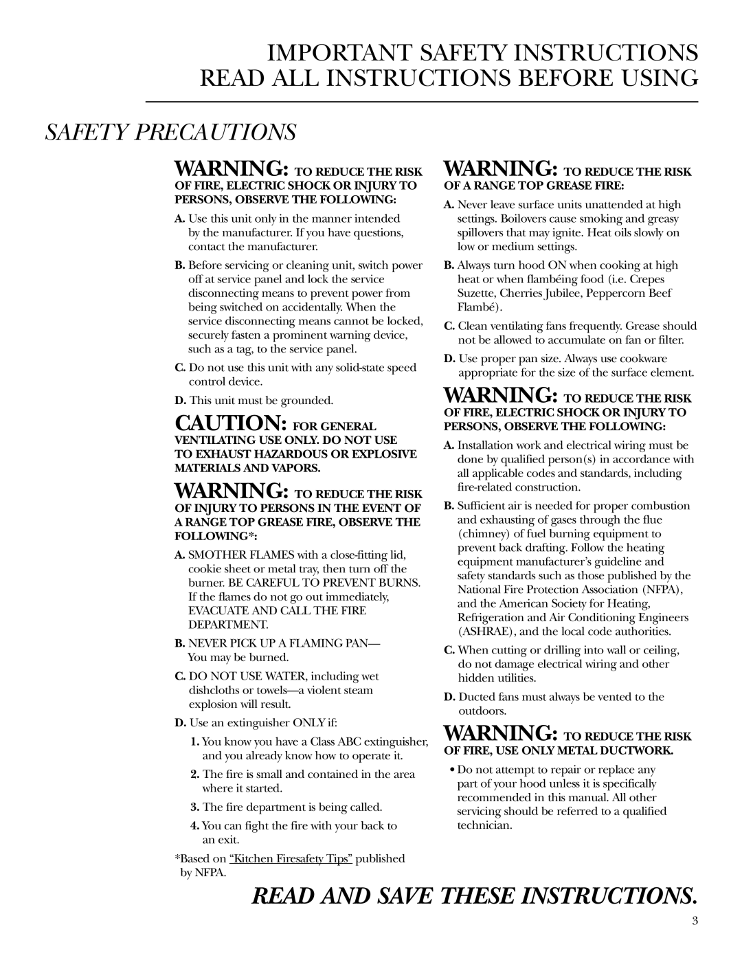 GE ZV42, ZV54 owner manual Safety Precautions, Read And Save These Instructions 