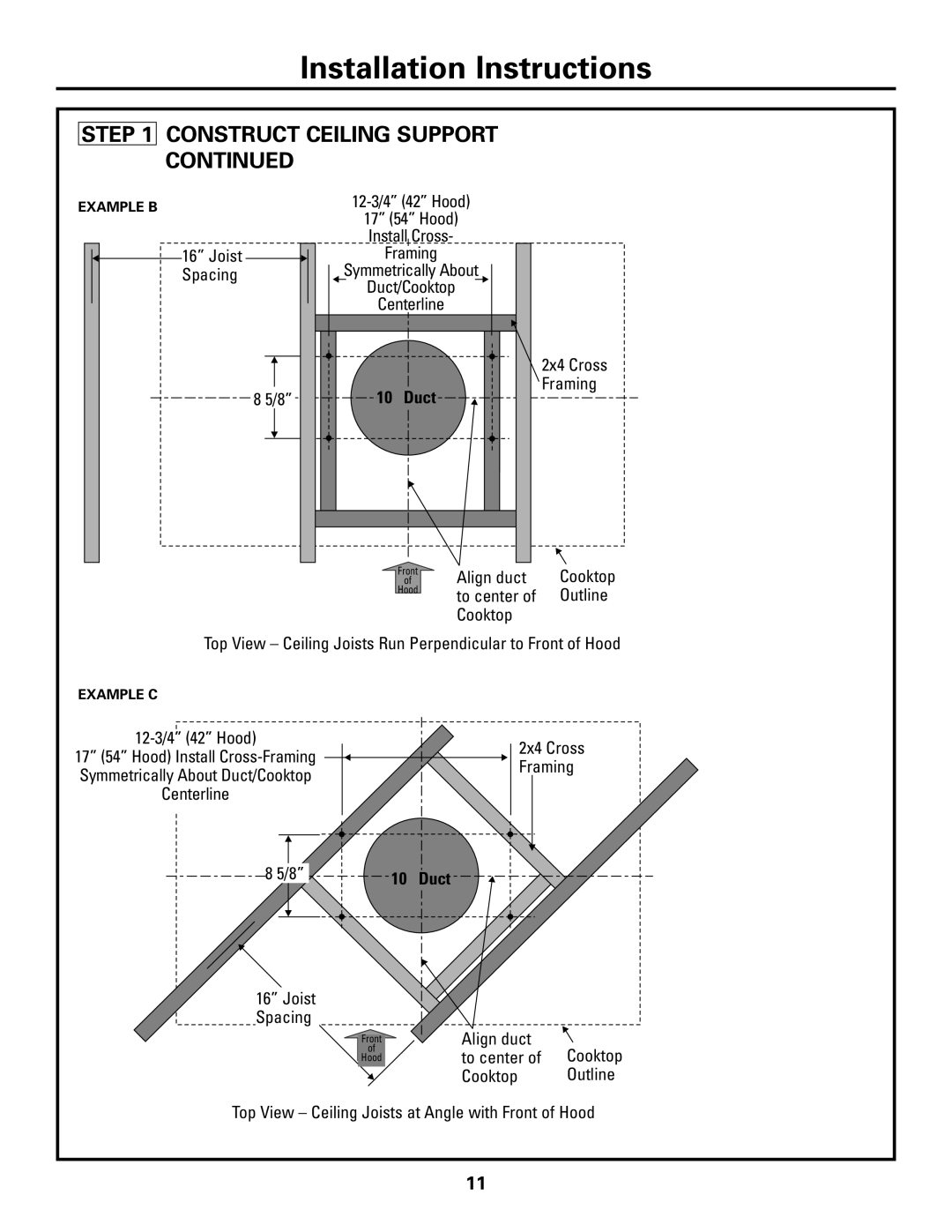 GE ZV421, ZV541 installation instructions Align duct, Duct, Joist Spacing 