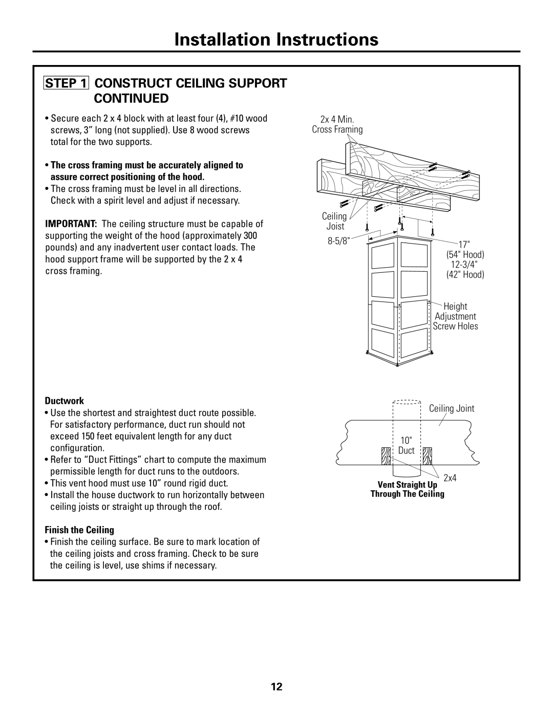 GE ZV541, ZV421 installation instructions Ductwork, Finish the Ceiling 