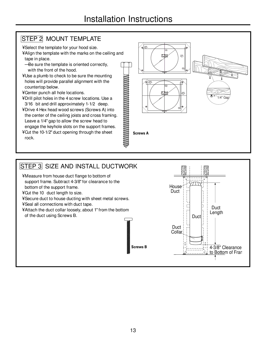 GE ZV421, ZV541 installation instructions Mount Template, Size and Install Ductwork, Rock 