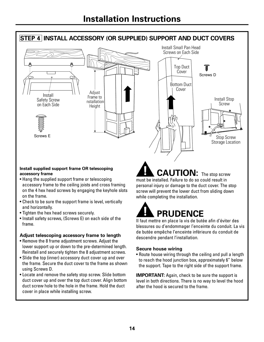 GE ZV541, ZV421 Install Accessory or Supplied Support and Duct Covers, Adjust telescoping accessory frame to length 