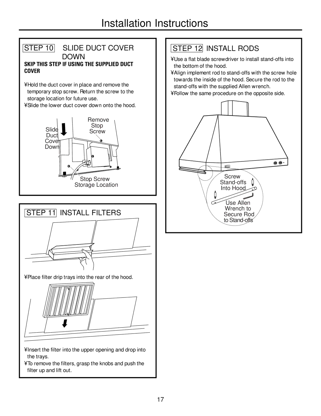 GE ZV421, ZV541 Slide Duct Cover Down, Install Filters Install Rods, Skip this Step if Using the Supplied Duct Cover 