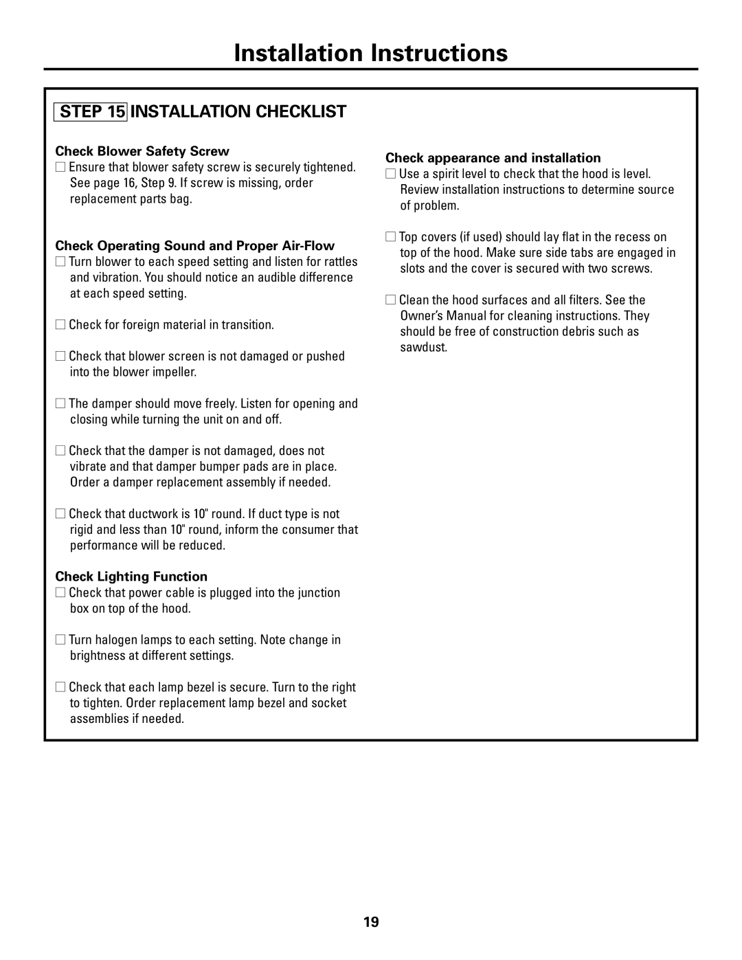 GE ZV421, ZV541 Installation Checklist, Check Blower Safety Screw, Check Operating Sound and Proper Air-Flow 