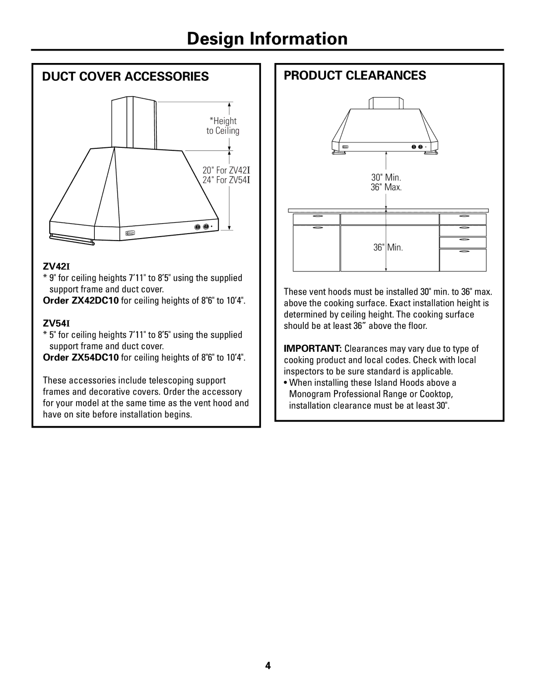 GE ZV541, ZV421 installation instructions Duct Cover Accessories, Product Clearances, ZV42I, ZV54I 