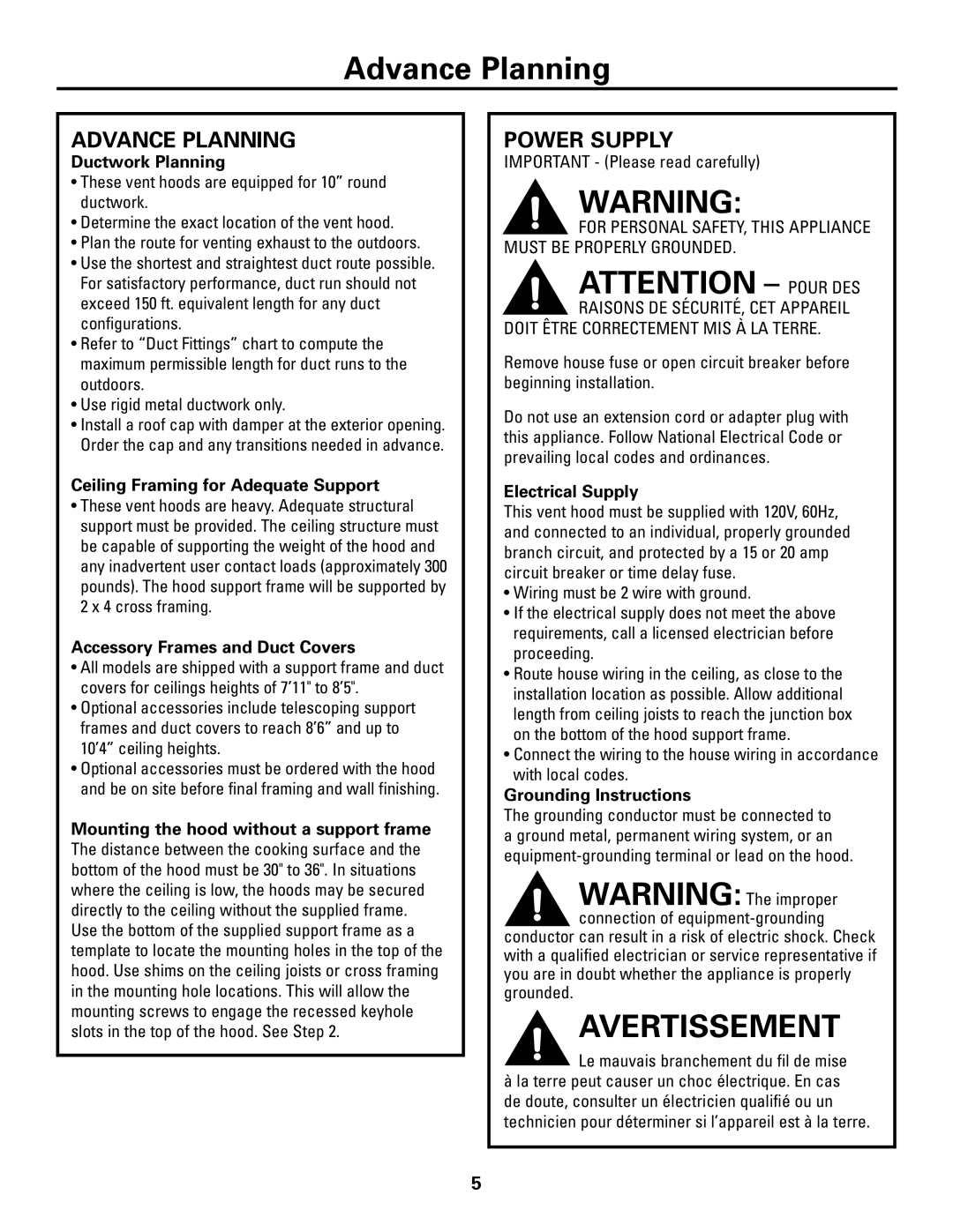 GE ZV421, ZV541 installation instructions Advance Planning, Power Supply 