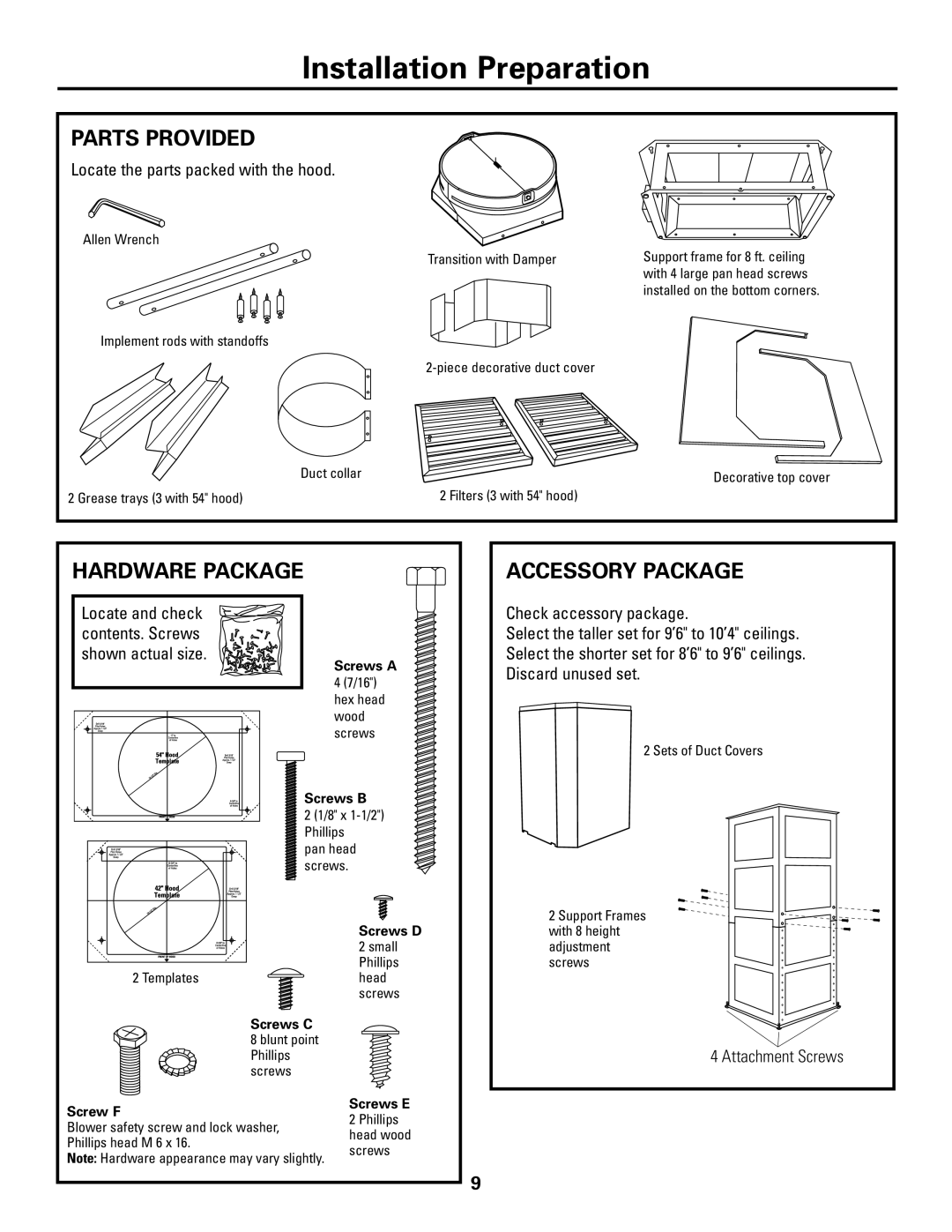 GE ZV421 Parts Provided, Hardware Package, Accessory Package, Locate the parts packed with the hood, Attachment Screws 