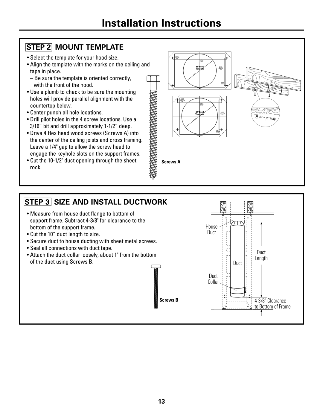 GE ZV421, ZV541 installation instructions Mount Template, Size And Install Ductwork, Installation Instructions 