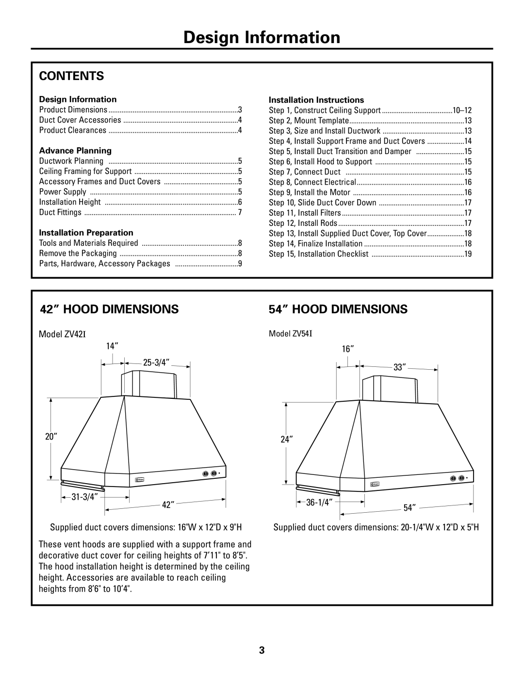 GE ZV421, ZV541 installation instructions Design Information, Contents, 42” HOOD DIMENSIONS, 54” HOOD DIMENSIONS 