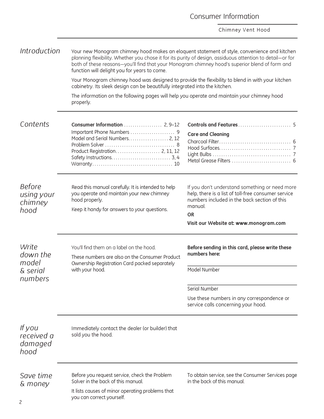 GE ZV800 owner manual Contents, Before using your chimney hood, Write down the model Serial numbers 