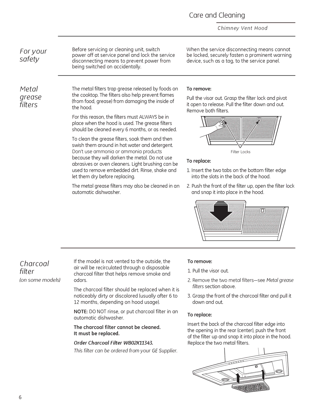 GE ZV800 owner manual Care and Cleaning, Metal grease filters, Charcoal filter, Order Charcoal Filter WB02X11343 