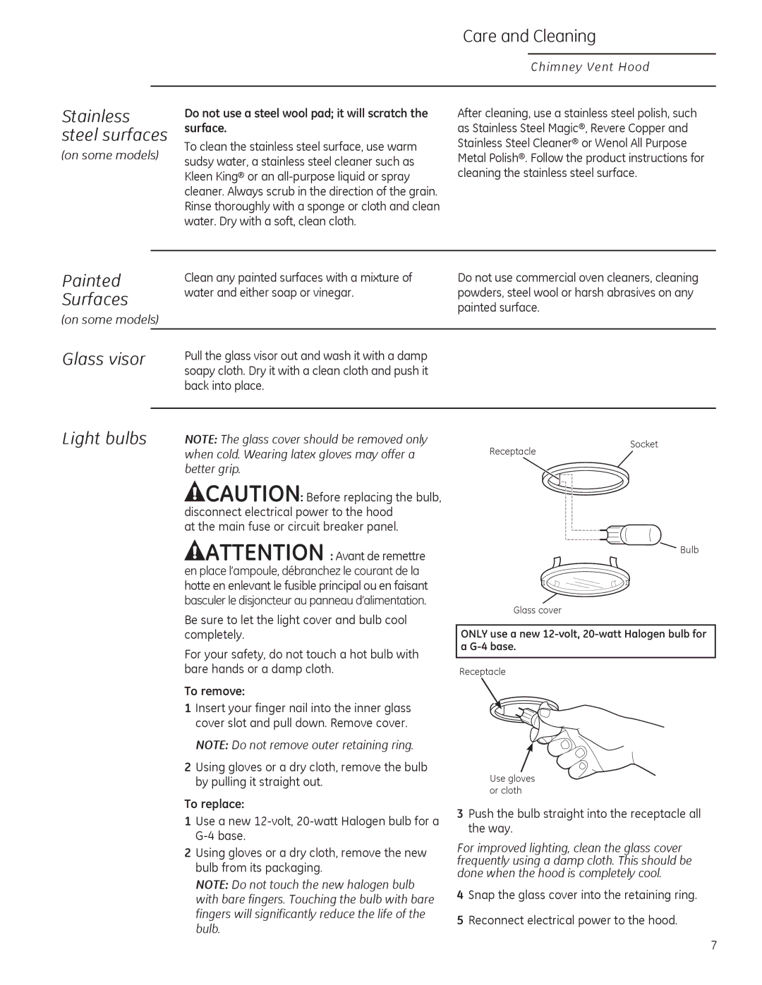 GE ZV800 owner manual Stainless, Steel surfaces, Painted Surfaces, Light bulbs 