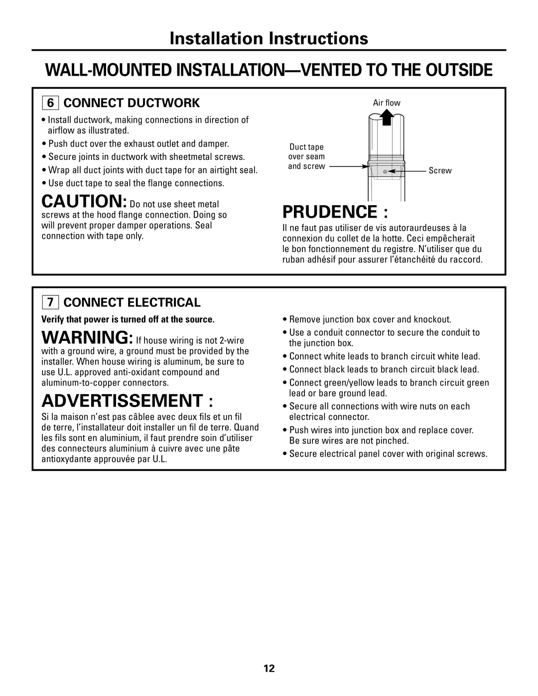 GE ZV800 installation instructions Connect Ductwork, Connect Electrical 