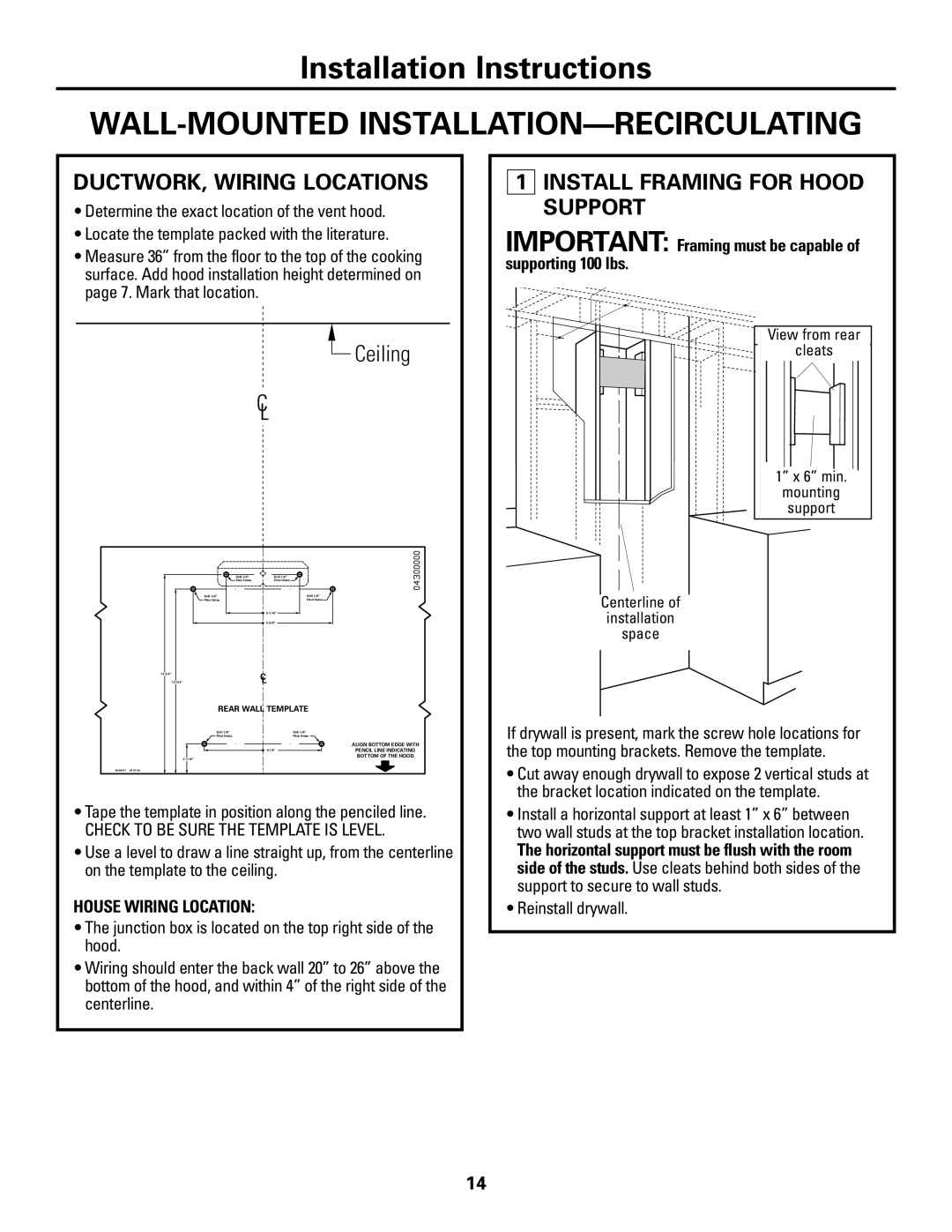 GE ZV800 Wall-Mounted Installation-Recirculating, Tape the template in position along the penciled line 